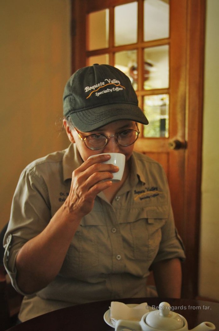 Enjoying a fresh cup of Panama Geisha coffee in a Boquete tasting room