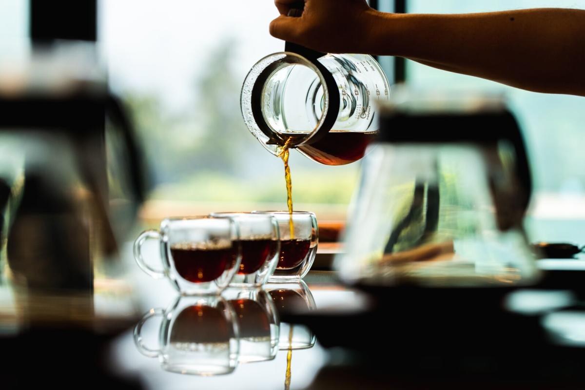 Barista pouring fresh filtered specialty coffee into glass cups during a cupping in Boquete