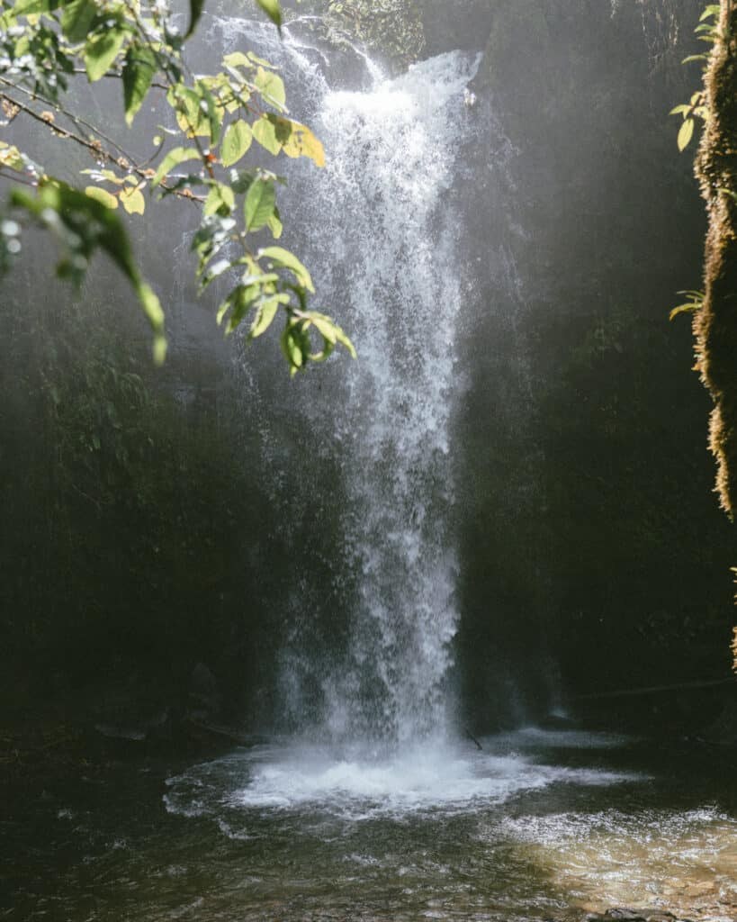 Second waterfall on The Lost Waterfalls trail in Boquete with lush foliage and misty water spray