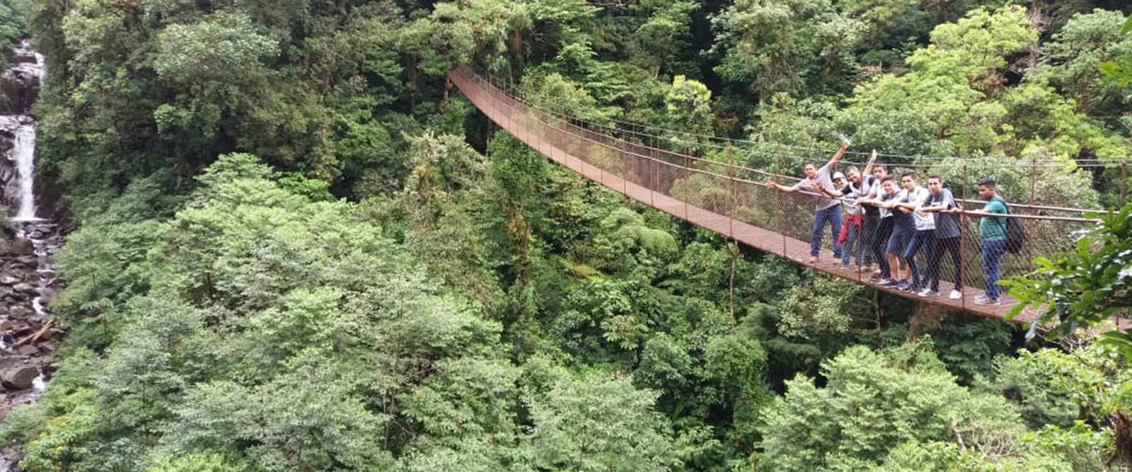 Suspension hanging bridge stretching across lush green mountain cloud forest canopy in Boquete