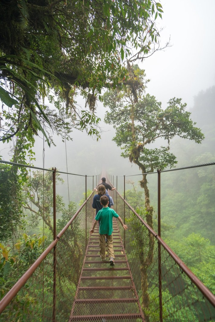 Hikers walking on high elevation suspension hanging bridge through misty cloud forest canopy in Boquete