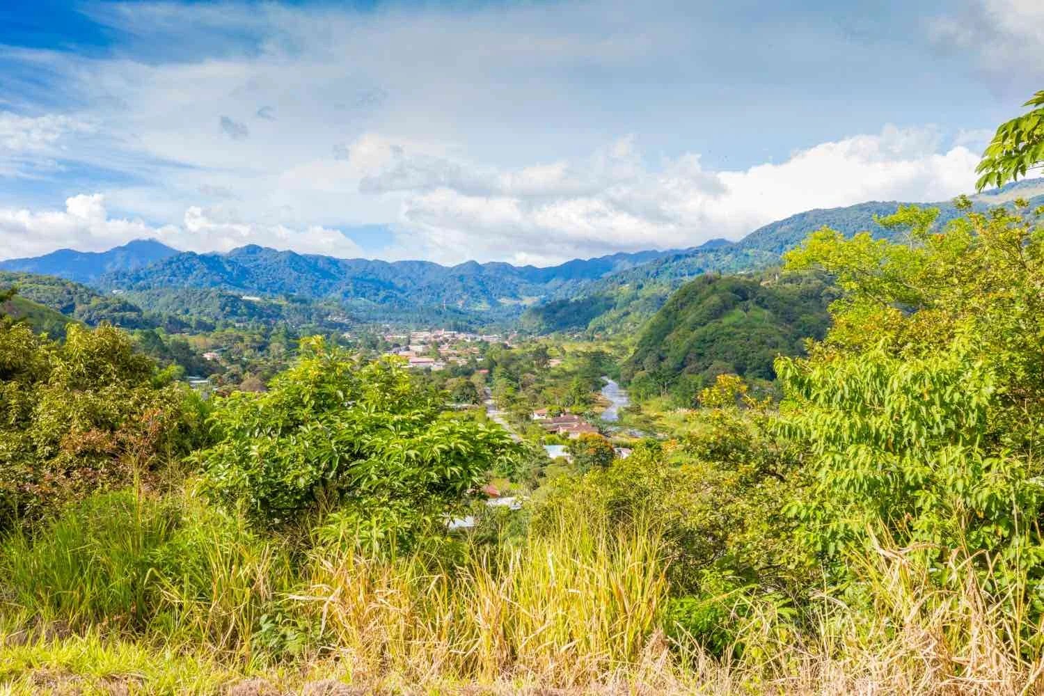 Panoramic lush green Boquete highlands and cloud forest ridge in Panama